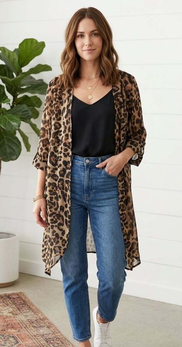 I Love Leopard Animal Print Open Front Chiffon Kimono Cardigan